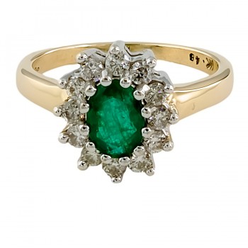 9ct gold Emerald/Diamond Cluster Ring size N